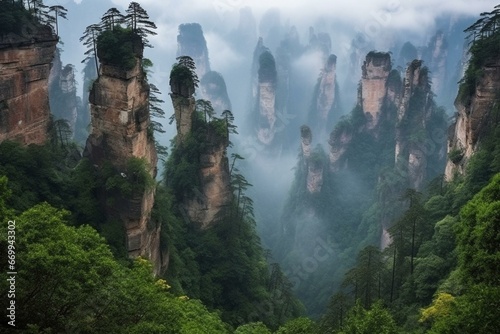 Scenic landscape of unique sandstone pillars and lush green forests in Zhangjiajie Wulingyuan. Generative AI
