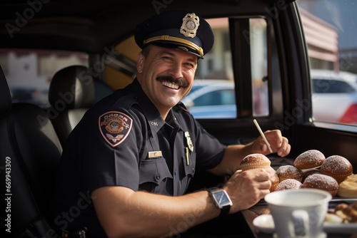 Police officer in his squad car eating a doughnut. Generative AI photo