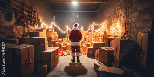 Christmas gift delivery Santa Claus standing in shop warehouse storage full of cardboard present boxes concept of logistic e-commerce e-business holiday package goods shipping service