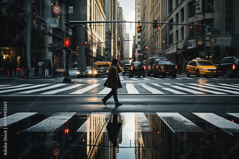 People crossing the street in New York City. - obrazy, fototapety, plakaty 