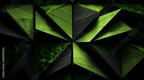 arrière-plan abstrait formes 3D géométriques pointues couleurs vert / noir, mélange de technologie et de nature