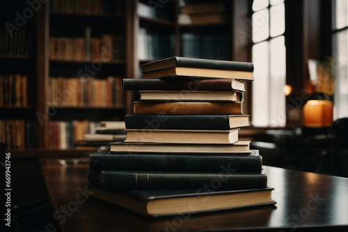 Books on the table in the library. Education and knowledge concept. © Viewvie