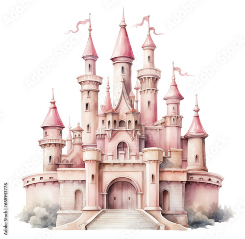 Watercolor pink castle. Generative AI, png image.
