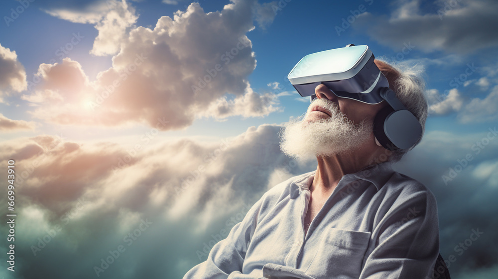 Old man wears VR glasses to see heaven Old man wears VR glasses to see heaven