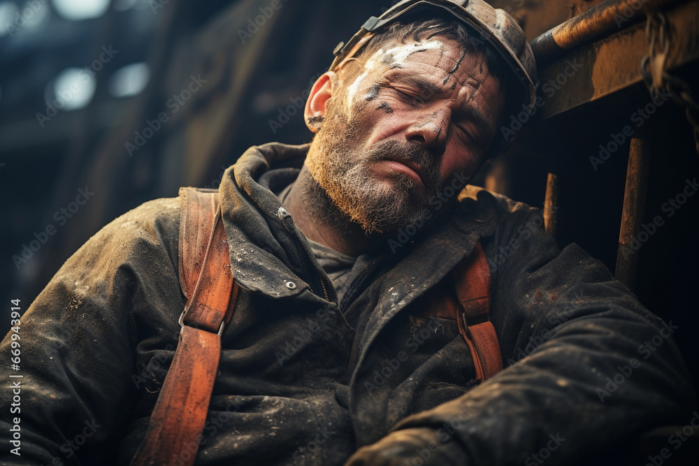Portrait of a man is sleeping from fatigue in a coal mine.