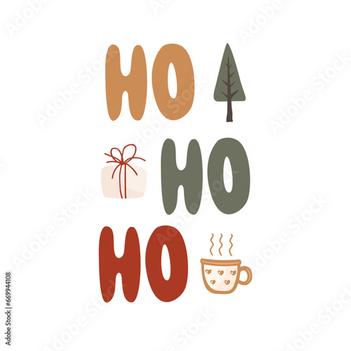 Happy New Year greeting card with ho ho ho lettering, gift box, coffee mug, and Xmas tree. Merry Christmas cute design isolated on white background. Winter holiday vector illustration