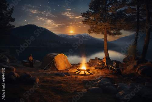 Camping and picnic in the evening by the sea