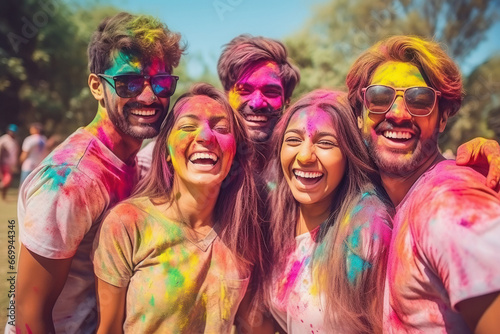 Young Indian friends group celebrating Holi festival