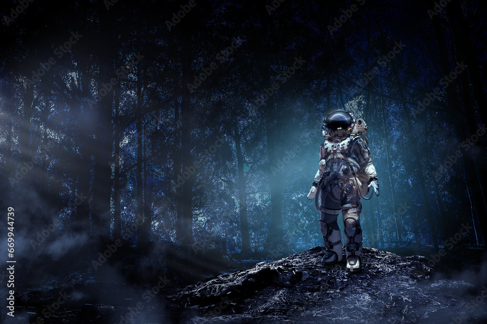 Astronaut walking on an unexplored planet Astronaut walking on an unexplored planet