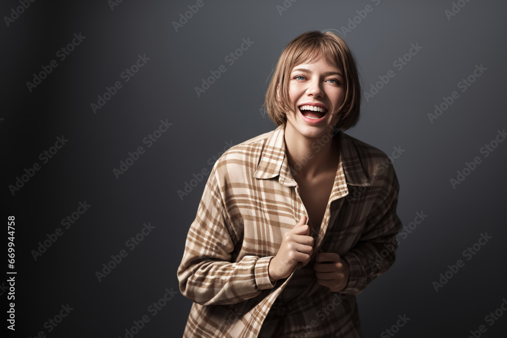 Beautiful  woman portrait  in in a plaid shirt and jeans on dark background