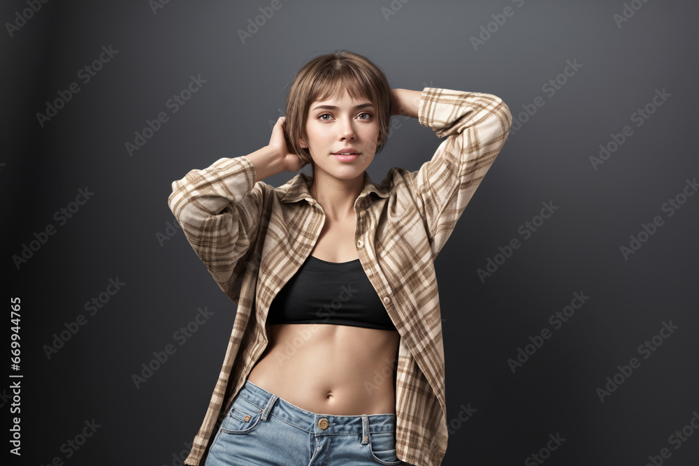 Beautiful woman portrait in in a plaid shirt and jeans on dark background Beautiful woman portrait in in a plaid shirt and jeans on dark background