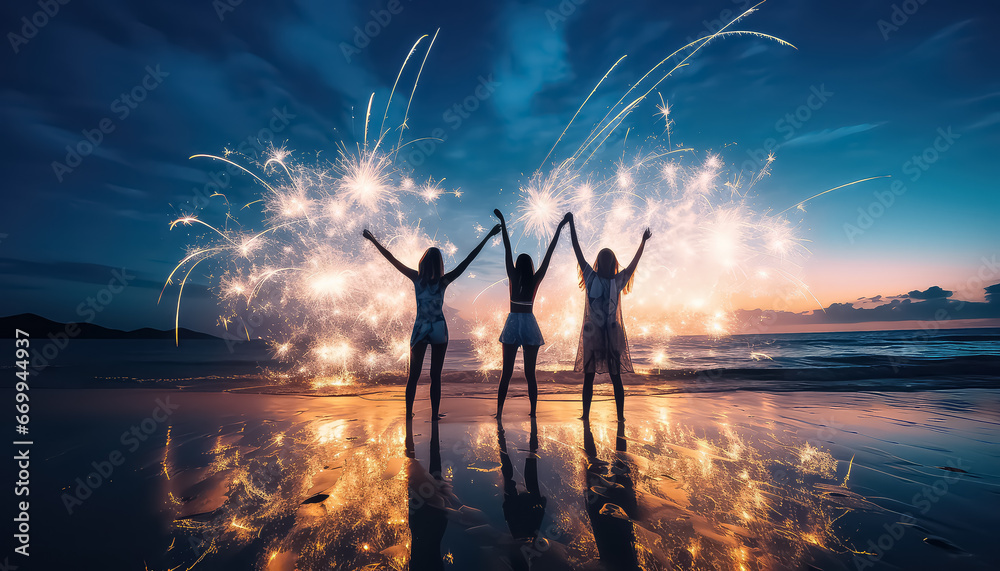 New Year's Eve celebration on the beach with fireworks - obrazy, fototapety, plakaty 