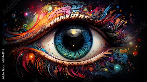 Eye drawing, splash of colors and colors.