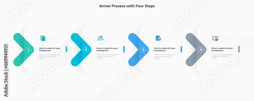 Arrow process flow diagram with four colorful stages. Presentation template with thin lines and flat icons.