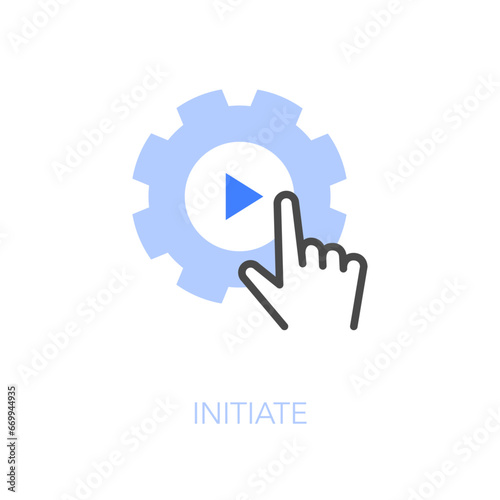 Simple visualised initiate icon symbol with a cogwheel and a human hand starting a process.
