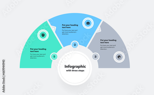 Process flow diagram divided into three steps. Flat infographic with minimalistic icons and place for your texts.