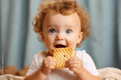 Indian little boy eating biscuits