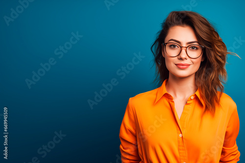 a young woman with glasses wear a orange top on blue background  photo