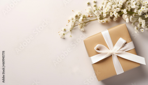 Top view concept photo of woman's day composition gift boxes with bows ribbon flowers on isolated pastel background with copyspace for text photo