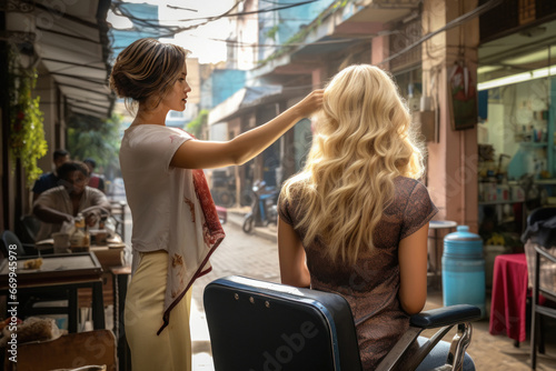 Woman getting hair styled at the hairdresser