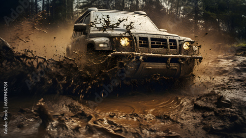 Offroad vehicle splashing through mud, action shot © Matthias