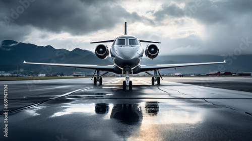 Private jet parked on runway, empty airport background photo