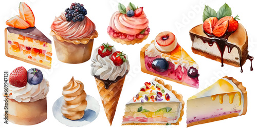 Watercolor illustration sweet breakfast cakes  and juicy fruity pastries  with berries clipart by hand on transparent  background.