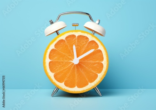 Tasty fresh orange creative idea layout slice alarm clock on pastel blue background. minimal idea business concept. Fruit idea creative to produce work within an advertising marketing