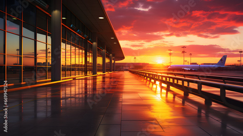 Deserted airport terminal during sunset