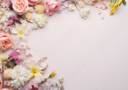 Beautiful spring flowers on paper background. For example banner for 8 march, Happy Easter with place for text. Springtime concept. Top view. Flat lay