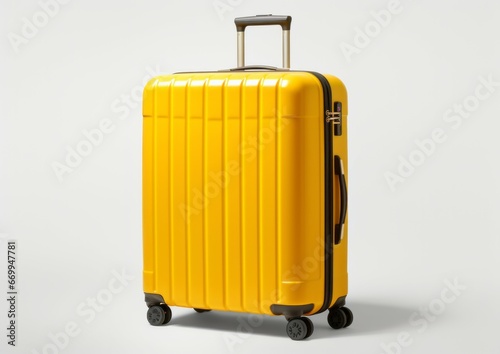 Summer time yellow suitcase on white background -Travel bag on isolated white