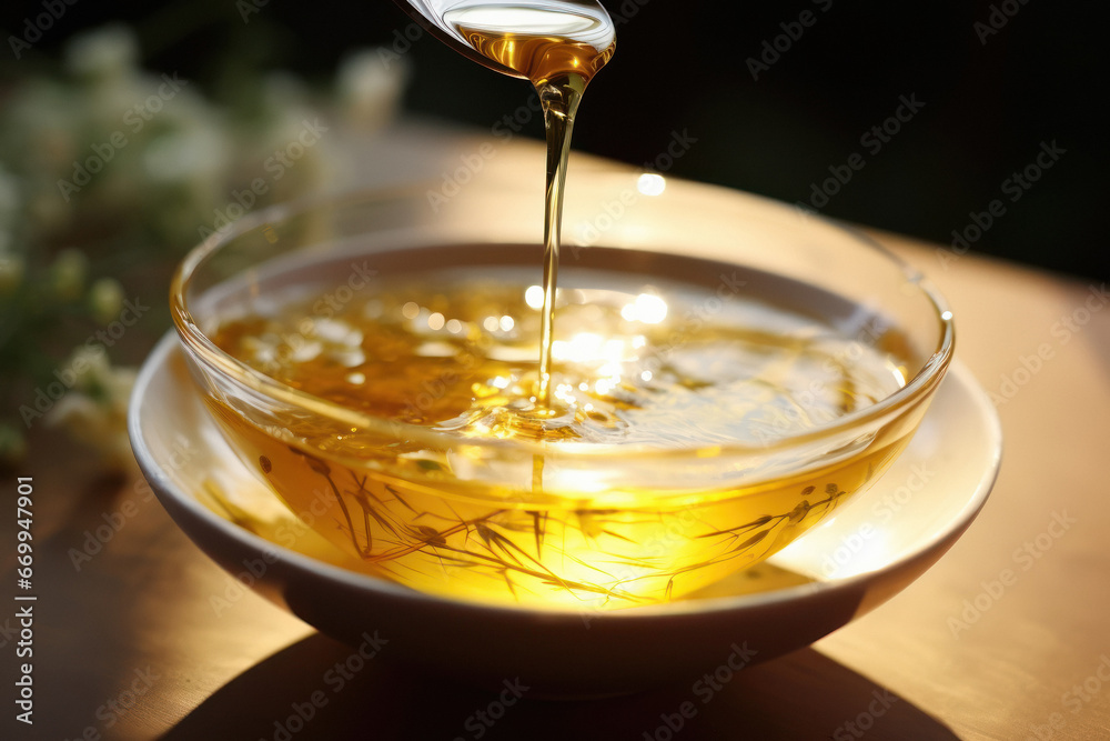 glass cup with yellow tea