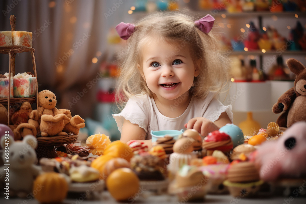 Fototapeta premium cute indian little girl playing with different toys