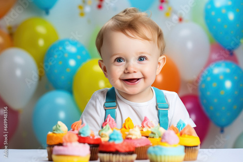 Cute little boy celebrating birthday with sweet cake