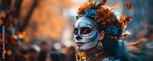 une femme déguisée, pour le Dia de los muerto, le jour des morts au Mexique, avec un regard regard intriguant photo