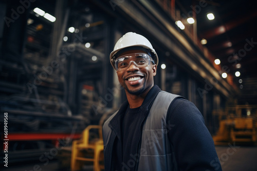 Happy Professional Heavy Industry Engineer or Worker Wearing Uniform, Glasses and Hard Hat in a Steel Factory, Smiling African American Industrial Specialist Standing © alisaaa