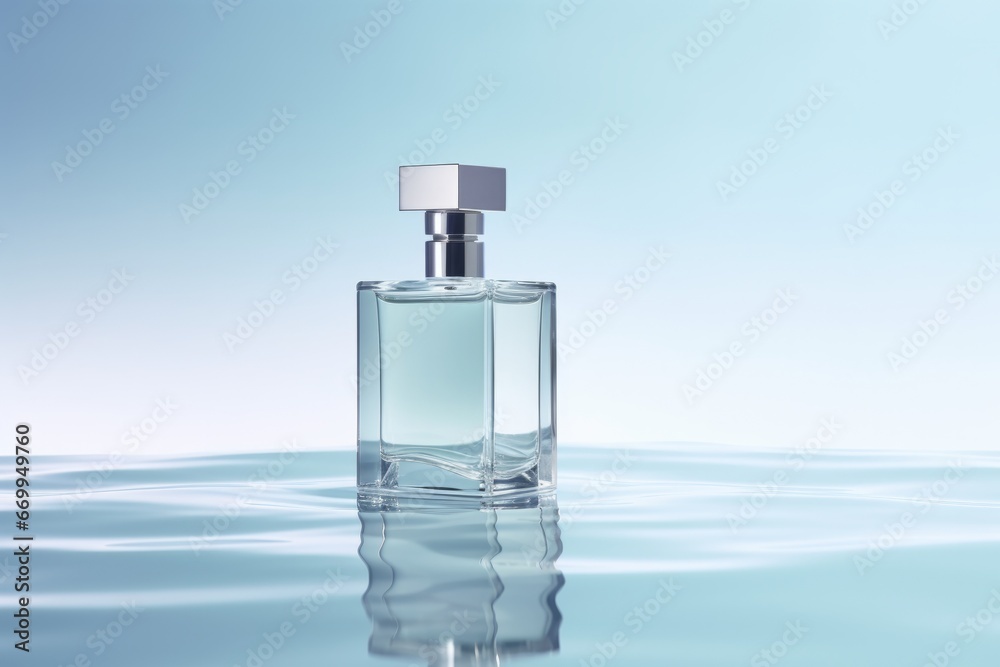 Perfume or cosmetic glass bottle on calm water background Perfume or cosmetic glass bottle on calm water background
