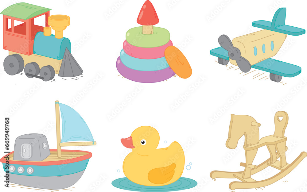 Set of colorful illustrations on the theme of retro children's toys. Vector drawings of a duck, an airplane, a steam train, a boat, a pyramid, a rocking horse