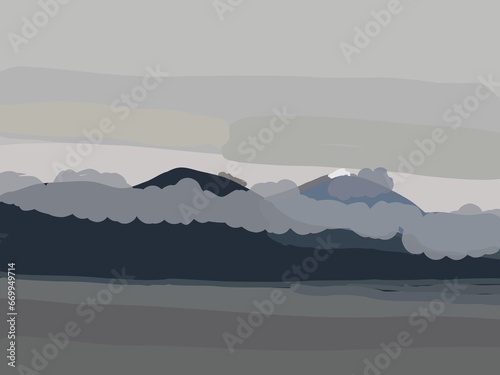 mountain in foggy and cloudy sky  line art drawing