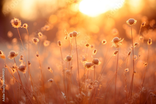 Golden Sunset Illuminating Fluffy Light-Brown Plants - Serene & Tranquil Nature Scene for Peaceful Imagery. 