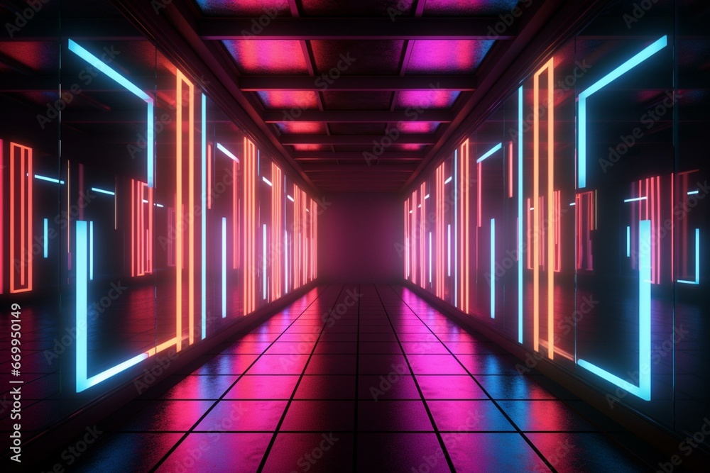 Abstract corridor with neon light. Generative AI