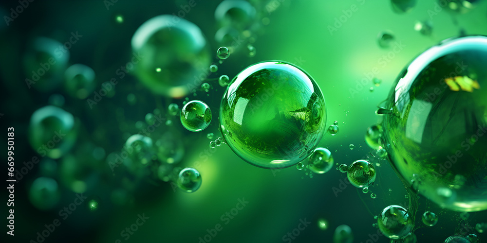 Green Lights Abstract Bokeh Background with 3D Fractal Art Fantasy Holiday Lights in Starry, Soap Bubbles On Green Background Generative AI

