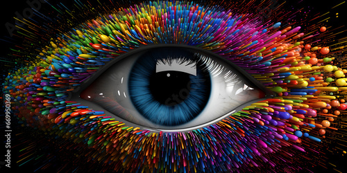 Eye with blue lens and multicolor eyelashes, A rainbow eye, Multicolor eye on the dark background, generative AI