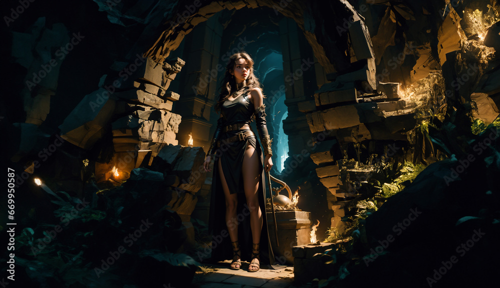 Portrait of beautiful girl in the cave. Beautiful fire girl photo. Adorable game character girl.