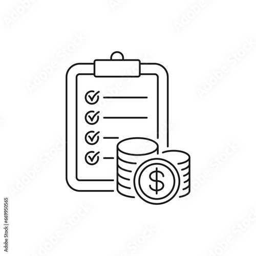 Money checklist. Dollar coins with clipboard icon line style isolated on white background. Vector illustration