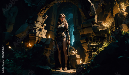 Portrait of beautiful girl in the cave. Beautiful fire girl photo. Adorable game character girl.