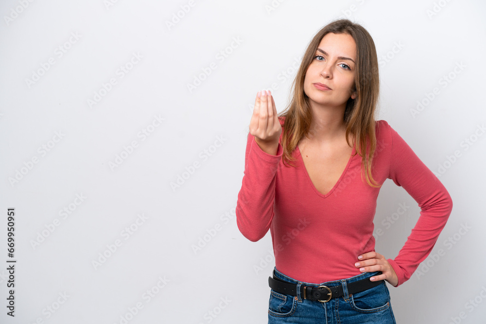 Young caucasian woman isolated on white background making Italian gesture Young caucasian woman isolated on white background making Italian gesture