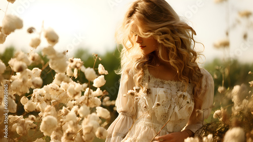 jolie femme blonde, habillée style bohème chic, en train de marcher dans un champ de coton