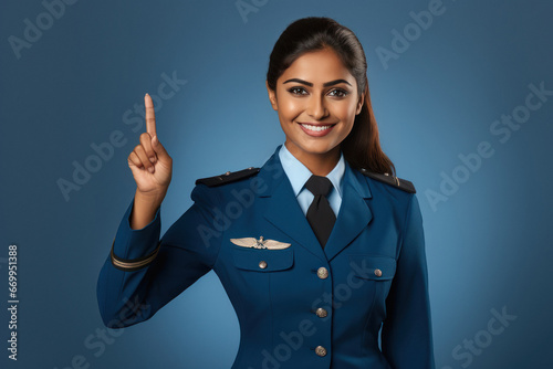 Young Indian pilot woman pointing above side photo
