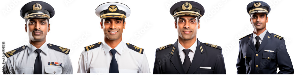 Collection of indian male pilot on white background - obrazy, fototapety, plakaty 